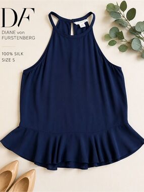 DVF Diane von Furstenberg 100% Silk Navy Peplum Halter Top Small